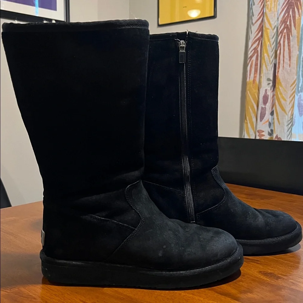 UGG Classic Tall Black Suede Boots with Metal Logo US Women's Size 7 - Picture 16 of 16